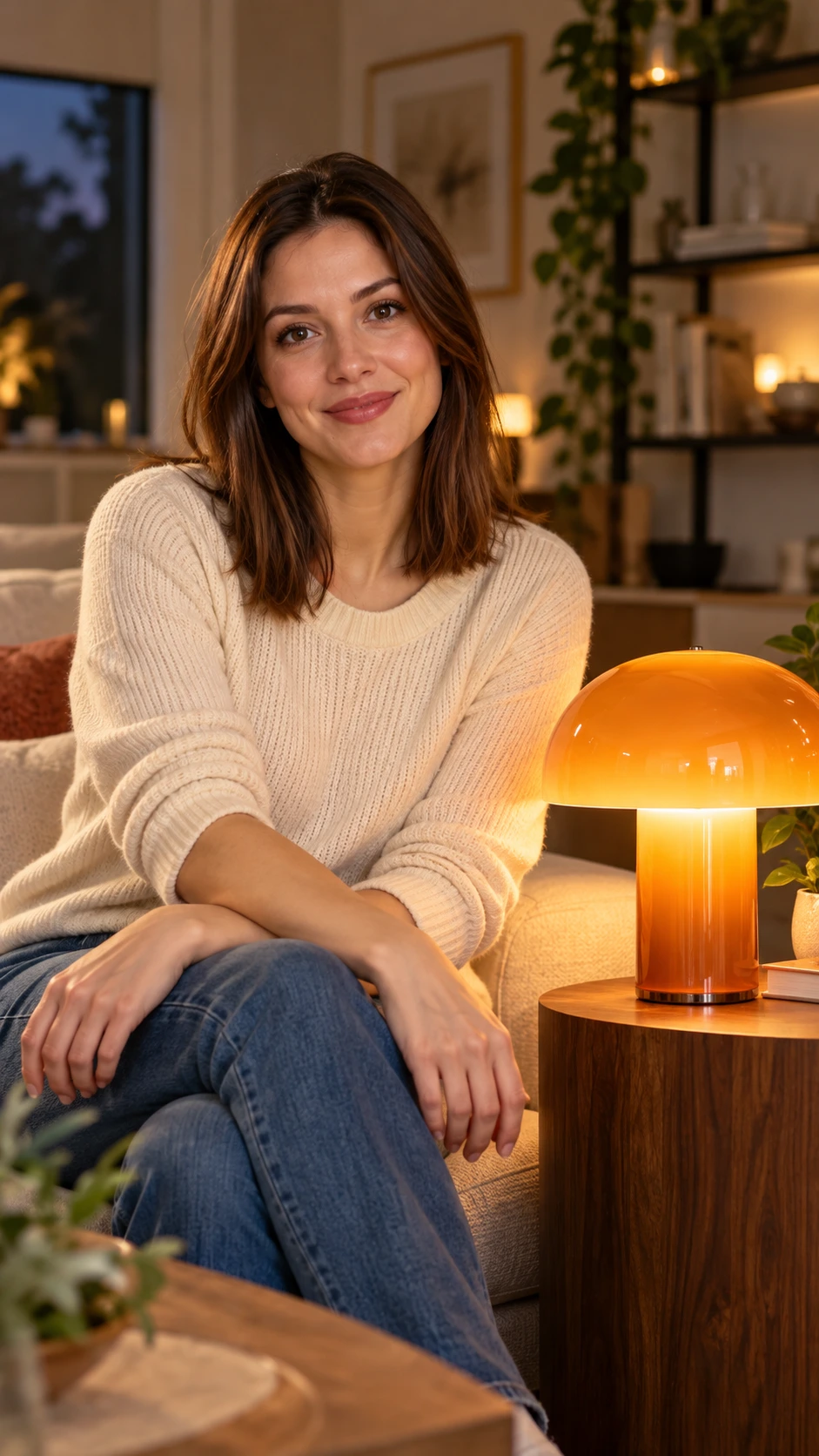 A fictional AI presenter beside a warm amber lamp in a living room