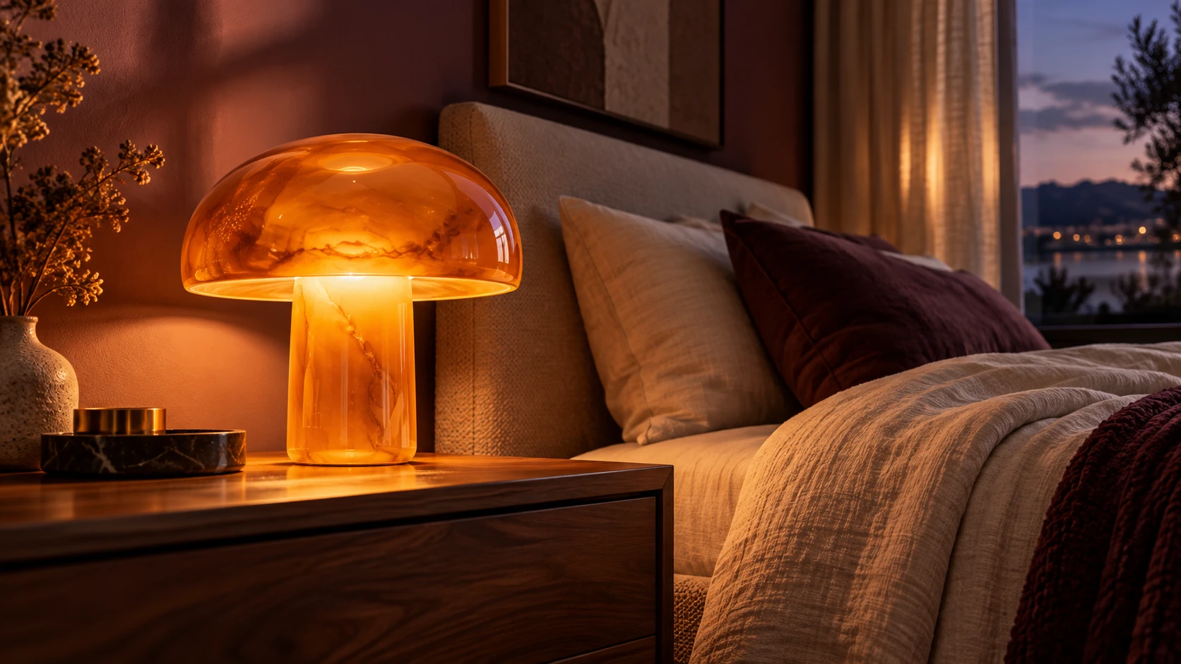 A glowing amber lamp on walnut beside cream linen in a warm bedroom