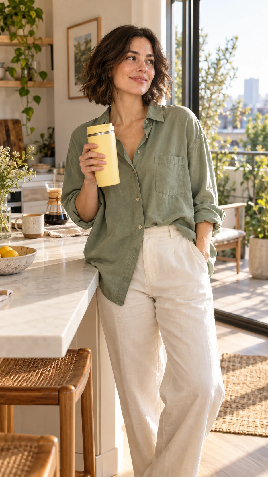 A fictional AI actor holding a yellow travel tumbler in a sunny home kitchen